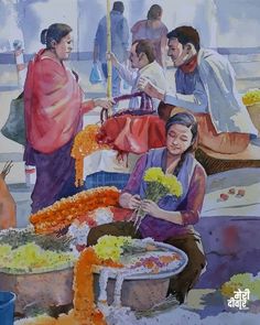 an oil painting of people selling flowers at a street vendor's stall in india