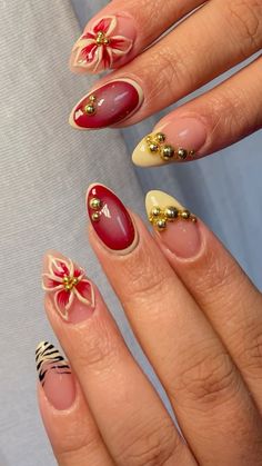 Trendy nail inspo / nail art fall or summer nails Fall Nails 3d Art, Fall Nails Brown And Orange, 70s Themed Nails, Gel X Nail Designs Short, Fall 3d Nails, Mixed Nail Designs, 3d Fall Nails, Red And Cheetah Nails, Cute Nail Designs For Fall