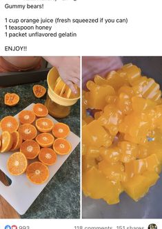 an image of oranges being peeled and cut into pieces with the words gummy bears on them