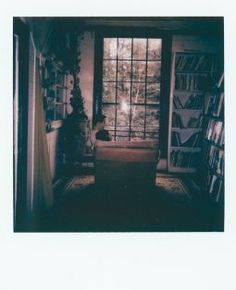 an open window in a room with bookshelves and a cat on the floor