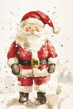 a watercolor painting of a santa clause standing in the snow