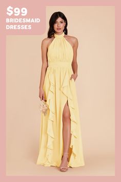 a woman in a yellow dress with the words $ 99 bridesmaid dresses on it