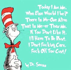 the cat in the hat is wearing a red bow tie and has words on it