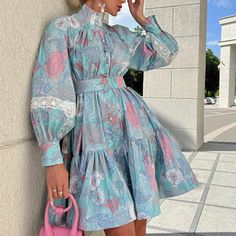 Midi Dress Elegant, Boho Midi Dress, Puff Long Sleeves, Hem Design, Loose Outfit, Long Sleeve Turtleneck, Slim Dresses, Daily Dress, Blue Midi Dress