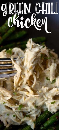 green chili chicken salad on a black plate with a fork in it and the title overlay reads, green chili chicken