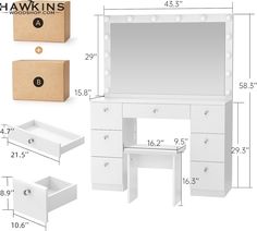 an image of a white vanity set with drawers and stools in the measurements for each piece