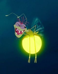 an animated insect with its mouth open and glowing in the night sky, holding onto a ball