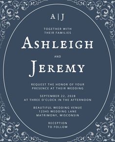 an elegant wedding card with the words,'asheigh and jenny'on it