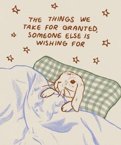 a drawing of a rabbit laying in bed with the caption, the things we take for granted someone else is wishing for