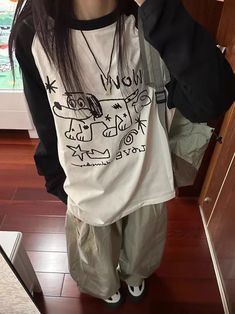 size: L, Color: Black And White Preppy Style Casual, Styl Grunge, Preppy Mode, 일본 패션, Oversized Clothes, Japan Kawaii, Raglan Sleeve Top, Y2k Tops, Y2k Preppy