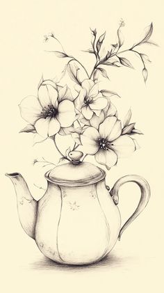 a drawing of a teapot with flowers in it