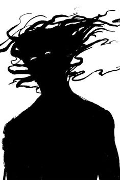 a black and white drawing of a person with hair blowing in the wind on his head