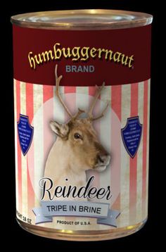 a can of reindeer tripe in brine on a black background with the label