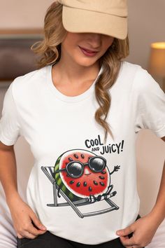 Watermelon Slice Graphic Tee | Unisex "Cool and Juicy" Summer T-Shirt | Beach Style Casual Fruit Print | Unique Relaxing Design Gift Idea by ArtBySpridvUA on Etsy Cool White T-shirt For Summer, Casual Cartoon Print T-shirt For Summer, Summer Graphic Tee Shirt With Cartoon Print, Summer Cartoon Print Graphic Tee Shirt, Cool Summer Tops With Letter Print, Cool Letter Print Tops For Summer, Cool Summer Tops With Crew Neck, Cool Crew Neck Summer Tops, Cool Crew Neck Tops For Summer