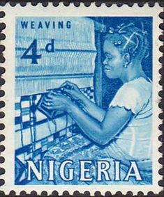 a stamp with a woman weaving on it