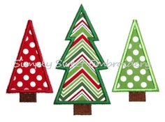 three christmas trees with polka dots on them and one is red, green and white