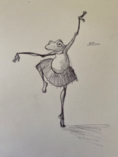 a pencil drawing of a ballerina in a tutu skirt with her arms up