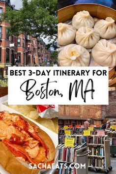 4 Grid picture featuring Boston landmarks and food. Top left picture is Newbury Street in Boston, top right image are soup dumplings from Taiwan Cafe in Boston's Chinatown, bottom left picture is a lobster roll from Pauli's in the North End, and the bottom right picture is Brattle bookshop in Boston's Downtown. There is a white box with text saying The Best 3 Day Itinerary for Boston, MA and SachaEats.com at the bottom. New England Street Style, Boston To Nyc Train, Boston Womens Fashion, 3 Days In Boston Summer, Thanksgiving In Boston, Places To Eat In Boston Ma, Boston Itinerary With Kids, 3 Day Boston Itinerary, Boston Where To Eat