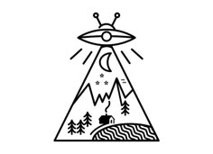 a black and white drawing of an alien ship floating in the sky over mountains with trees