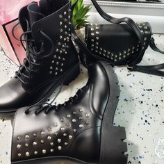 Get into it sis! The Glassy boot will be a winner this fall season! The perfect boot to dress up or down, head turner for sure! Pair with our Becca bag for the perfect look! Lace~up Chunky Heel Spike Side Zipper *Fit: Order next size up. No half sizes, so if you wear an 8.5 the 9 will fit perfectly*