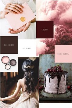 a collage of photos with pink and brown colors in the background, including cake