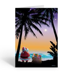 a christmas card with santa claus and presents under palm trees on the beach at sunset