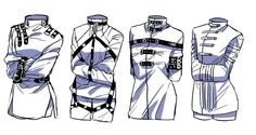 three different types of clothing are shown in blue and black ink on white paper, each with