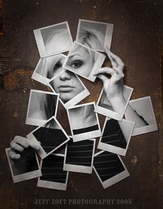 a bunch of polaroid photos are arranged in the shape of a woman's face