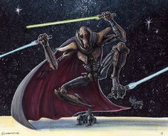 a drawing of a star wars character with two lightsabes in his hands and one on the ground