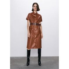 Zara Faux Leather Belted Shirt Dress, Brown, Xs. Brand New Midi Length, Comes With The Belt :) Leather Dress Outfit, Leather Shirt Dress, Elegant Outfit Classy, Skirt With Buttons, Dress Zara, Faux Leather Dress, Belted Shirt Dress, Faux Leather Belts, Leather Shirt