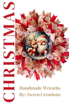 a christmas brochure with santa claus and reindeers on the front, surrounded by bows