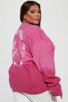 Available In Wine/combo. Sweatshirt Crew Neck Long Sleeve Tupac Graphic Front And Back Screen Ombre Print Ribbed Hem Disclaimer: Due To The Printing Process A Difference In Saturation May Occur. Each Garment Is Unique 50% Cotton 50% Polyester Imported | Can't Judge Me 2Pac Crew Neck Sweatshirt in Fuchsia size Large by Fashion Nova Pink Fall Loungewear Tops, Fall Pink Loungewear Tops, Pink Graphic Print Top For Fall, Oversized Pink Top For Fall, Pink Long Sleeve Tops With Letter Print, Oversized Pink Tops For Fall, Pink Oversized Top For Fall, Pink Long Sleeve Tops With Graphic Print, Pink Relaxed Fit Sweatshirt For Fall