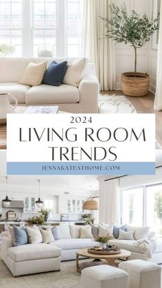 living room with white couches and blue accents in the center, along with text overlay that reads 2012 living room trends