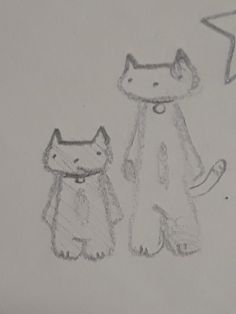 a drawing of two cats sitting next to each other on a sheet of white paper