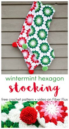 two crocheted christmas stockings with pom poms on them and the words wintertime hexagon stocking