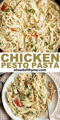 chicken pesto pasta in a skillet with the title above it