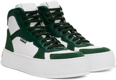 High-top buffed calfskin, grained calfskin, and calfskin suede sneakers in white and green. · Perforated detailing throughout · Lace-up closure · Logo patch at padded tongue · Padded collar · Logo flag at outer side · Pull-loop at heel tab · Rubberized logo patch at heel · Treaded rubber platform sole · Platform: H1.75 Supplier color: White/Green Green Leather High-top Sneakers With Perforated Toe Box, Green Sneakers With Contrast Sole In Calf Leather, Green Calf Leather Sneakers With Rubber Sole, Green Calf Leather Sneakers With Contrast Sole, Green High-top Sneakers With Rubber Heel Cap, Green Sporty High-top Sneakers With Rubber Heel Cap, Sporty Green High-top Sneakers With Rubber Heel Cap, Green Calf Leather Sneakers With Round Toe, Green Casual Calf Leather Sneakers