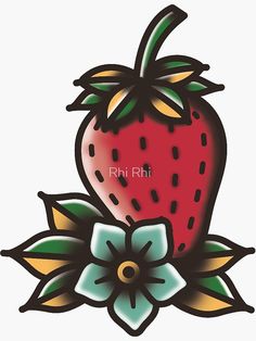 a drawing of a strawberry with leaves and flowers on it's side, as well as the word rin ri