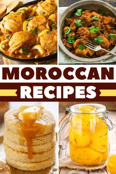 collage of moroccan dishes with text overlay that reads, moroccon recipe roundup