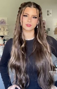 Twin Braids With Bangs, Hairstyles For Long Hair Dance, Hairdos Long Hair, Hair Down Styles, Preppy Hairstyles, Brooke Monk, Hairstyle Examples, Hair Inspiration Long, Cute Simple Hairstyles