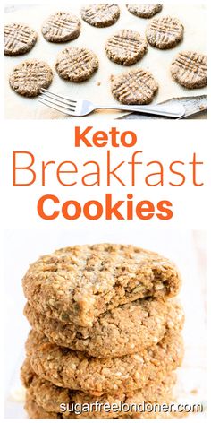 keto breakfast cookies stacked on top of each other with text overlay that reads, keto breakfast cookies