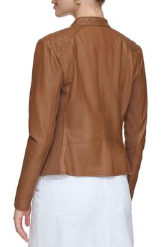 Add an edgy touch to your signature look with this racer-style jacket crafted from buttery-soft leather. Band collar
 Long sleeves Lined 100% leather with 100% acrylic trim
 Professional leather clean
 Imported
 Model stats: 5'10", 32" bust, 25" waist, 36" hip. Model is wearing size Small. Leather Racer Jacket, Leather Coat Womens, Racer Jacket, Marc New York, Toddler Boy Shoes, Boys Coat, Signature Look, Band Collar, Leather Jackets Women