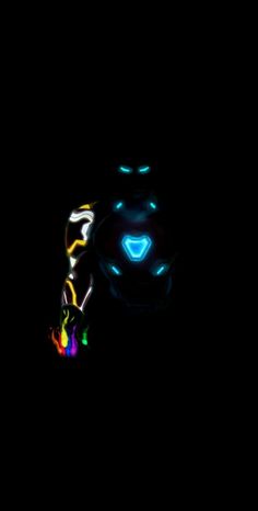 a glowing robot in the dark with blue eyes