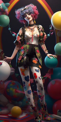 a woman with pink hair and colorful makeup standing in front of balloons, balls and streamers