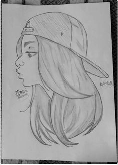 a drawing of a girl with a hat on her head and long hair, wearing a baseball cap