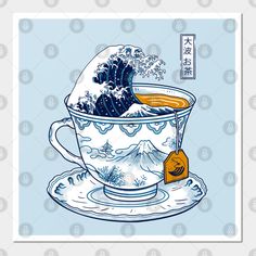 a drawing of a tea cup with the great wave coming out of it on top