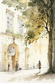 a watercolor painting of people walking down the street in front of an old building