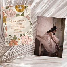 a woman in a dress sitting on a chair next to a card with the words quincencora