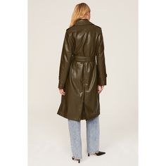 Olive faux leather (100% Polyurethane). Trench. Long sleeves. Collar. Front button closure. 43" from shoulder to hemline. Imported. Faux Leather Trench Coat, Marissa Webb, Leather Trench, Rent The Runway, Leather Trench Coat, Closet Designs, Leather Coat, Trench Coat, Faux Leather