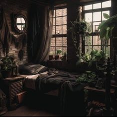 a bed sitting in a bedroom next to two windows with plants growing on the wall